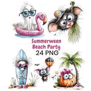 Sommarstrandfest i akvarell Clipart-paket | Spöklik sommar-PNG med pumpor, stranddekor och tropisk Halloween-konst | 24 PNG-filer