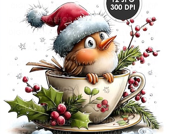 Weihnachtsvogel in Teetasse Aquarell Clipart (12 JPG-Dateien)