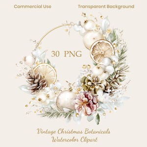 Puede incluir: Una ilustración digital en acuarela de una corona con piñas, rodajas de cítricos secos, bayas blancas y ramas de pino dispuestas en un marco circular. El texto 30 PNG, Commercial Use, Transparent Background y Vintage Christmas Botanicals Watercolor Clipart es visible.