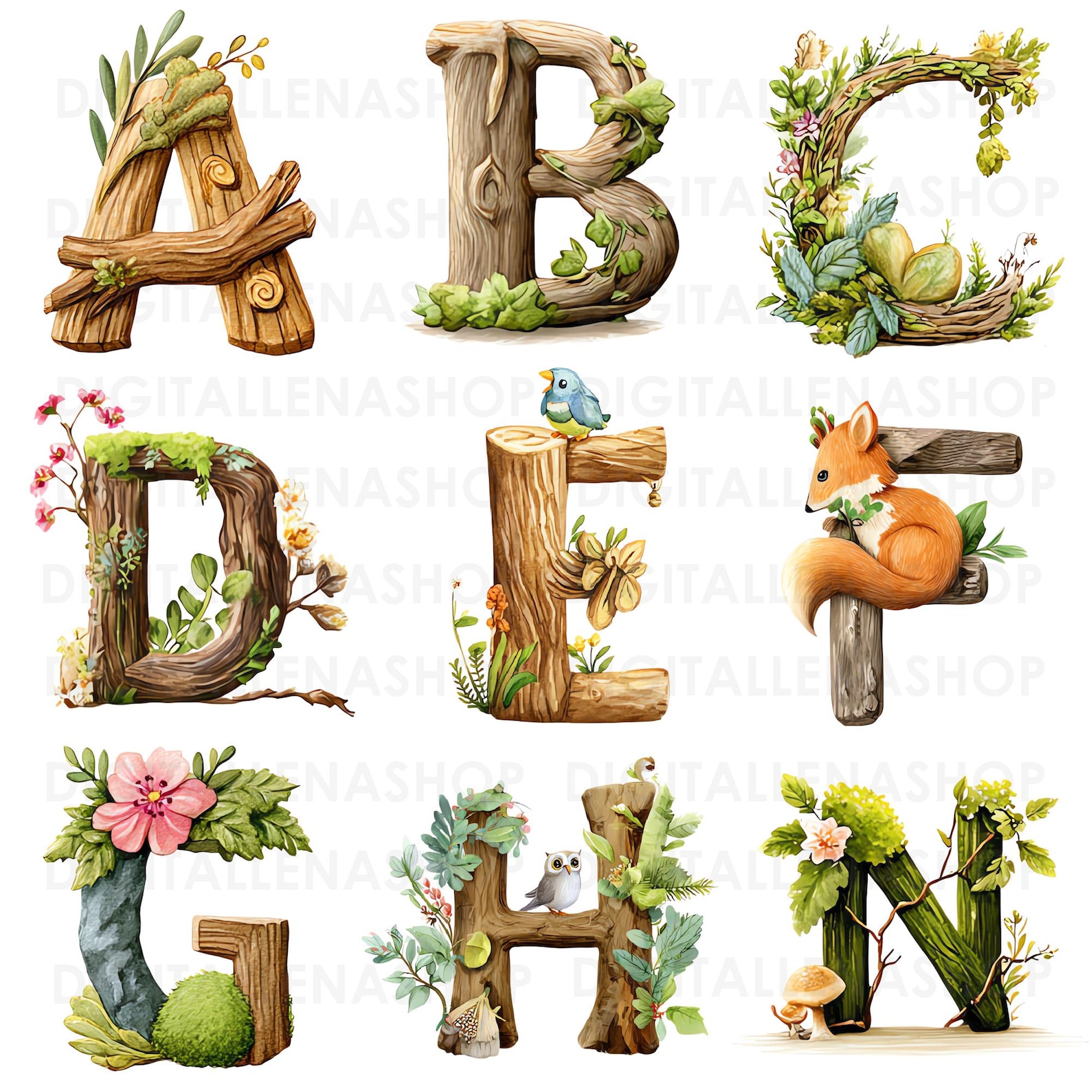 Watercolor Forest Alphabet Clipart: Woodland Nursery Letters (digital ...