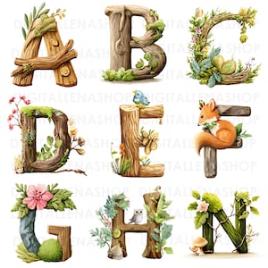 Könnte beinhalten: Aquarellillustrationen der Buchstaben A, B, C, D, E, F, G, H und N aus Holz, verziert mit natürlichen Elementen wie Blättern, Blumen und Waldtieren. Die Buchstaben sind in einem skurrilen, rustikalen Stil gehalten.