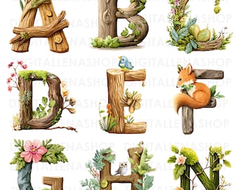 Watercolor Forest Alphabet Clipart: Woodland Nursery Letters (Digital Download)