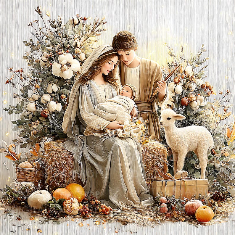 May include: A digital painting depicts a serene Nativity scene. Mary cradles baby Jesus, Joseph stands beside them. A lamb, hay bales, and floral arrangements with fruit and cotton add to the peaceful, religious theme.