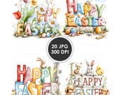 Happy Easter Lettering Watercolor Clipart Set | Kids Easter Decor | 20 JPG Files