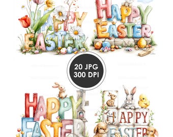 Może przedstawiać: Ilustracje akwarelowe z napisem "HAPPY EASTER". Obrazy przedstawiają kolorowe litery, pisanki, króliki, kwiaty i pisklę. Obrazy są oznaczone jako "20 JPG 300 DPI".