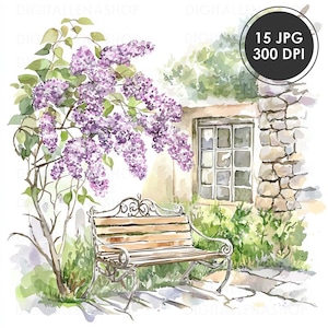 Banco de jardín vintage de acuarela, clipart JPG / Clip art de primavera, banco y glicina lila, scrapbooking, agenda digital, diario