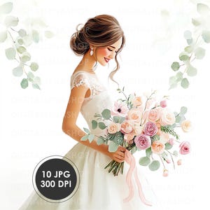 Könnte beinhalten: Aquarell-Illustration einer Braut in einem weißen Kleid, die einen Strauß aus rosa und pfirsichfarbenen Rosen mit grünem Laub hält. Das Bild enthält den Text "10 JPG 300 DPI".