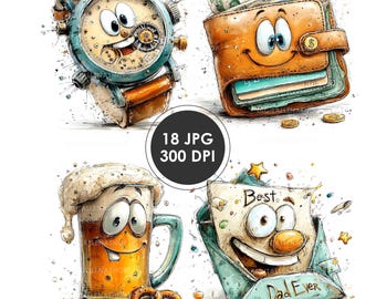 Watercolor Father’s Day Clipart Bundle | Tools Trophy Mug Watch & I Love You Dad Card | DIY Gift, Sublimation Design | 18 JPG Files