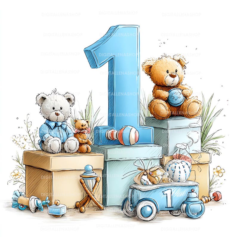 May include: A whimsical illustration featuring a large blue number 1, surrounded by teddy bears, gift boxes, and toy vehicles. The scene includes a white teddy bear in a blue shirt, a brown teddy bear, and a blue toy car. The overall color palette is soft and pastel.