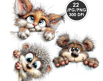 Może przedstawiać: Zestaw ilustracji cyfrowych przedstawiający trzy futrzane zwierzęta: rudego kotka, kolczastego jeża i niedźwiadka, które wyglądają zza białej krawędzi. Okrągła czarna odznaka w prawym górnym rogu zawiera tekst 22 JPG/PNG 300 DPI.