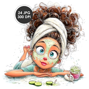 May include: A cartoon illustration of a person with a green face mask and a white towel on their head. The person is lying down with their arms crossed. There are cucumber slices, a small container with a pink liquid, and a small spoon on the table. The image has the text "24 JPG 300 DPI".