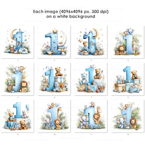 May include: A collection of watercolor illustrations featuring the number "1" in light blue, adorned with various elements like teddy bears, lions, and stars. Each image has the text "One" and is set against a white background.