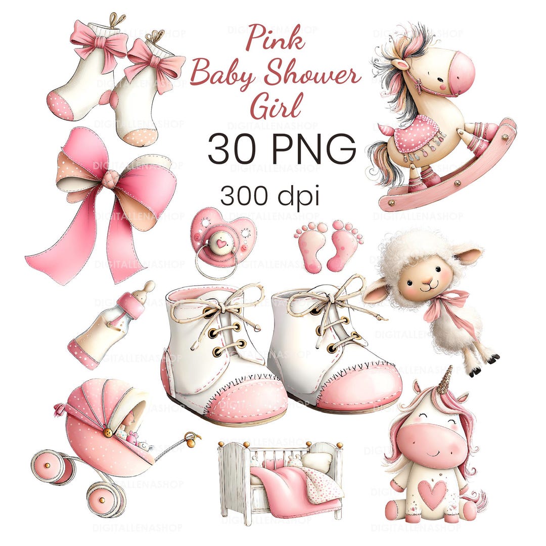 Pink Baby Girl Shower Watercolor Clipart | Baby Shower Decor | 30 PNG ...