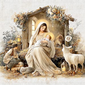 May include: A digital illustration depicting a religious scene. A woman in a white robe cradles a baby with a halo. A young man kneels nearby, and a lamb and donkey are also present. The scene is set in a rustic wooden structure with floral accents.