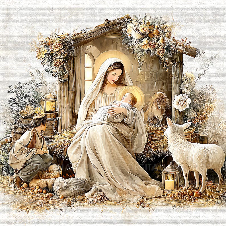 May include: A digital illustration depicting a religious scene. A woman in a white robe cradles a baby with a halo. A young man kneels nearby, and a lamb and donkey are also present. The scene is set in a rustic wooden structure with floral accents.