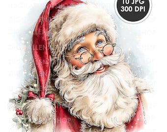 Vintage Santa Watercolor Portrait Clipart: 10 JPG Holiday Illustrations (Digital Download)