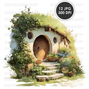 Watercolor Hobbit House Clipart, Fantasy Printable Designs (Digital Download)