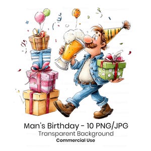 Man Birthday Watercolor Clipart PNG/JPG | Funny Party Illustrations (Digital Download)