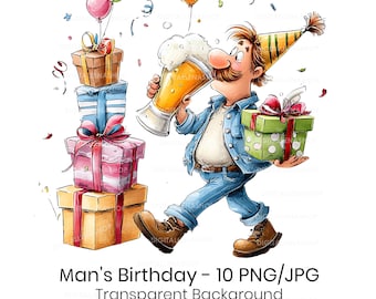 Clipart aquarelle anniversaire homme PNG/JPG | Illustrations de fête amusantes (téléchargement numérique)