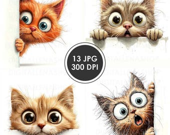 Watercolor Peeking Cat Clipart: 13 Funny JPG Illustrations (Digital Download)