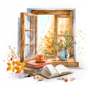 Puede incluir: Ilustración en acuarela de una escena otoñal. Una ventana de madera abierta enmarca una vista del follaje otoñal. Una taza naranja se encuentra sobre una pila de libros junto a un libro abierto. Una pequeña jarra azul contiene vegetación.
