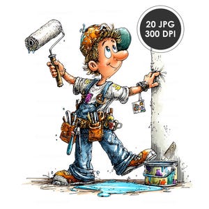 Puede incluir: Ilustración de dibujos animados de un pintor con un mono azul, sosteniendo un rodillo con pintura goteando. El pintor tiene un cinturón de herramientas, un bote de pintura y un derrame de pintura en el suelo. Incluye el texto "20 JPG 300 DPI".
