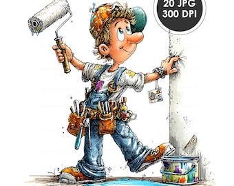 May include: Cartoon illustration of a painter in blue overalls, holding a paint roller with dripping paint. The painter has a tool belt, a paint can, and a paint spill on the floor. The image includes the text "20 JPG 300 DPI".