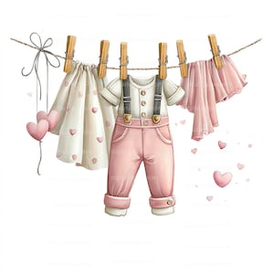 Baby Girl Clothesline Watercolor Clipart | Pink Newborn Clothes Hanging | Baby Shower Decor | 15 JPG Files image 8