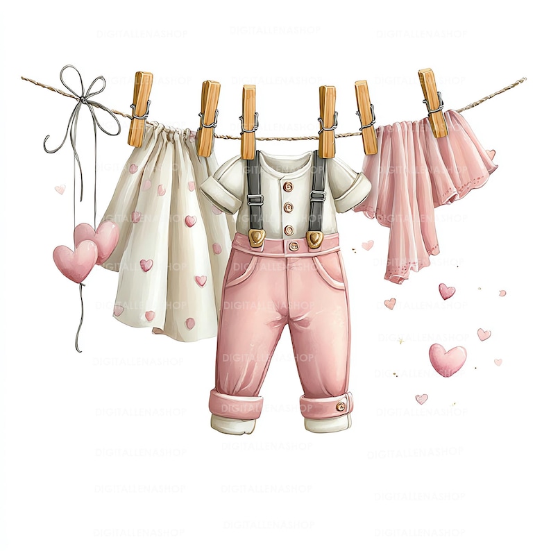 Baby Girl Clothesline Watercolor Clipart | Pink Newborn Clothes Hanging | Baby Shower Decor | 15 JPG Files image 8