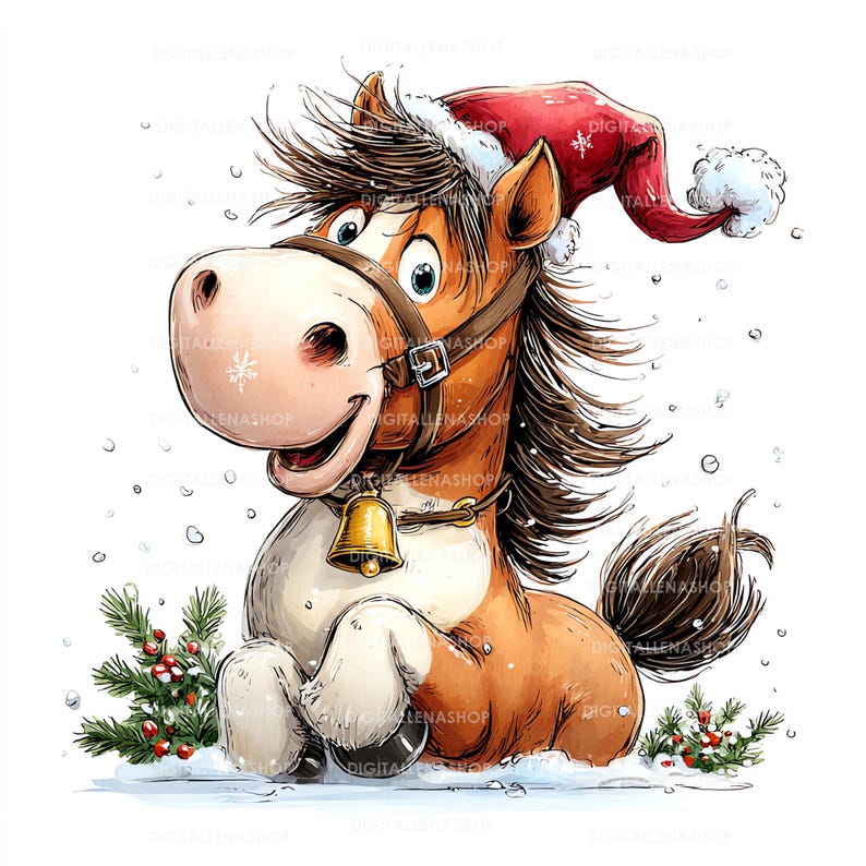 Whimsical Christmas Horse Watercolor Clipart: Christmas Cards, Holiday ...