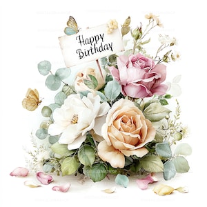 Peut inclure: Illustration &agrave; l'aquarelle d'un bouquet floral avec des roses blanches, p&ecirc;che et roses. Une pancarte avec l'inscription "Happy Birthday" est plac&eacute;e au centre. Deux papillons compl&egrave;tent la composition.