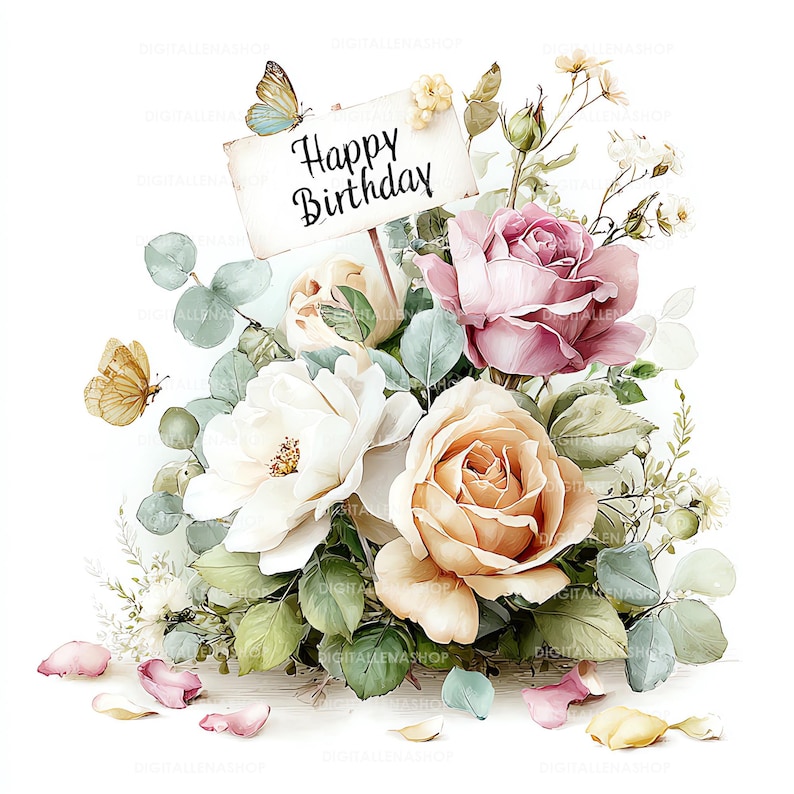 Peut inclure: Illustration &agrave; l'aquarelle d'un bouquet floral avec des roses blanches, p&ecirc;che et roses. Une pancarte avec l'inscription "Happy Birthday" est plac&eacute;e au centre. Deux papillons compl&egrave;tent la composition.
