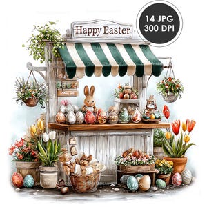 Könnte beinhalten: Aquarellillustration eines Ostermarktes mit einer grün-weiß gestreiften Markise. Der Stand zeigt dekorierte Ostereier, eine Hasenfigur und Topfblumen. Das Schild über dem Stand lautet "Frohe Ostern".