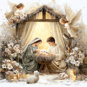May include: A watercolor painting depicting the Nativity scene. Mary and Joseph are kneeling, gazing at the baby Jesus in a manger. Angels and flowers surround the scene, with a lamb in the foreground. Soft lighting and muted colors create a peaceful atmosphere.