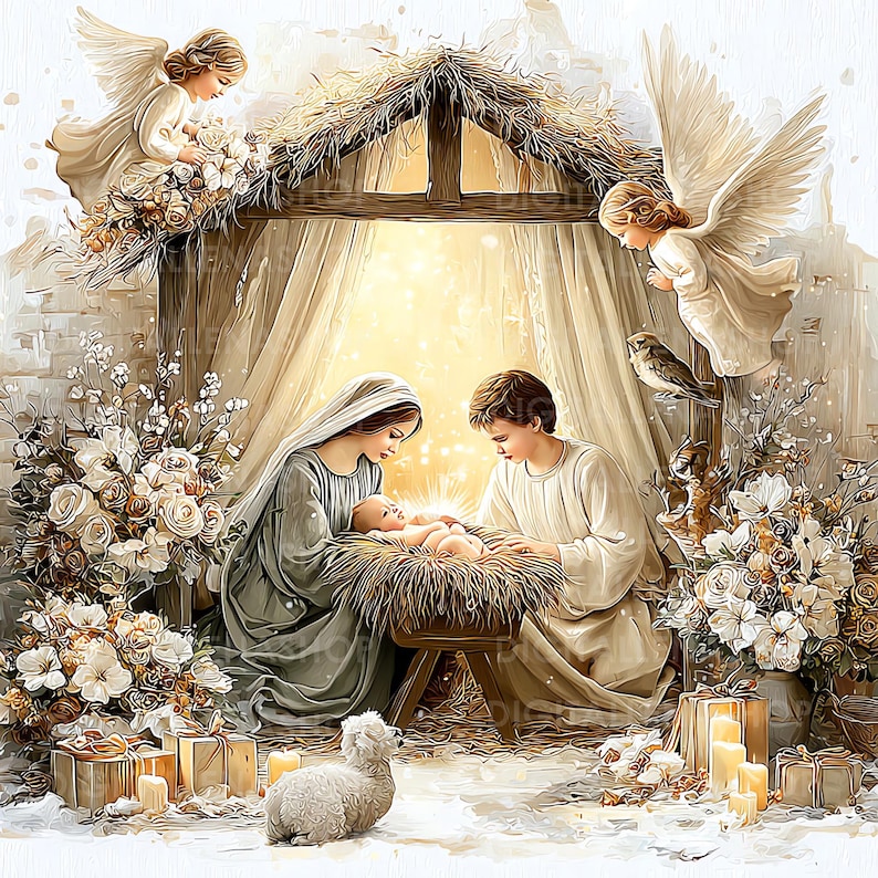 May include: A watercolor painting depicting the Nativity scene. Mary and Joseph are kneeling, gazing at the baby Jesus in a manger. Angels and flowers surround the scene, with a lamb in the foreground. Soft lighting and muted colors create a peaceful atmosphere.