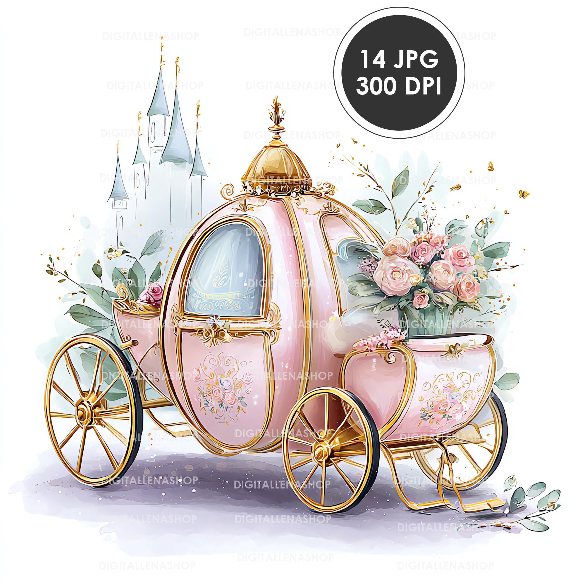 水彩画のお姫様の馬車のクリップアート：おとぎ話の馬車（デジタル