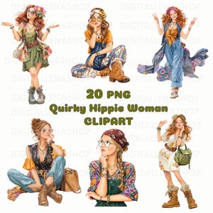 Quirky Hippie Woman Watercolor ClipArt 20 PNG, Boho Retro Woman Illustrations for Stickers, Sublimation, Planner Girl, Digital Download