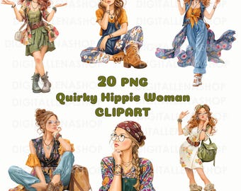 Boho Watercolor Hippie Woman Clipart: Retro PNG Illustrations (Digital Download)