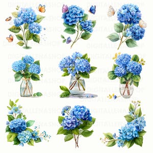 Bouquet Blue Hydrangea 14 PNG, Watercolor Blue Hydrangea Clipart Set, Blue Flower PNG, Wedding bouqet png Watercolor Flower Digital Download