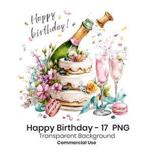 Happy Birthday Watercolor Clipart Bundle | Printable Party Art | 17 PNG Files | Digital Download