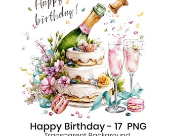 Lot de cliparts aquarelle joyeux anniversaire | Art de fête imprimable | 17 fichiers PNG | Téléchargement numérique