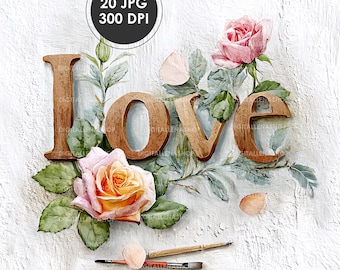 Peut inclure: Le mot "Love" en lettres de bois est orné de roses roses et jaunes, de feuilles vertes et de pétales épars. Deux pinceaux avec de la peinture rose sont en bas. Le fond est une surface blanche texturée.