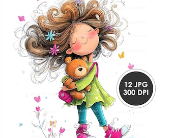Clipart de niña y osito de peluche en acuarela: Ilustración infantil caprichosa (12 JPG)