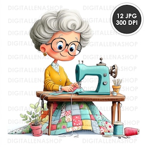 Abuela cosiendo a máquina - Acuarela - Clipart / 12 JPG de alta calidad / Abuela costurera, fabricación de tarjetas, registro de artículos usados, descarga digital