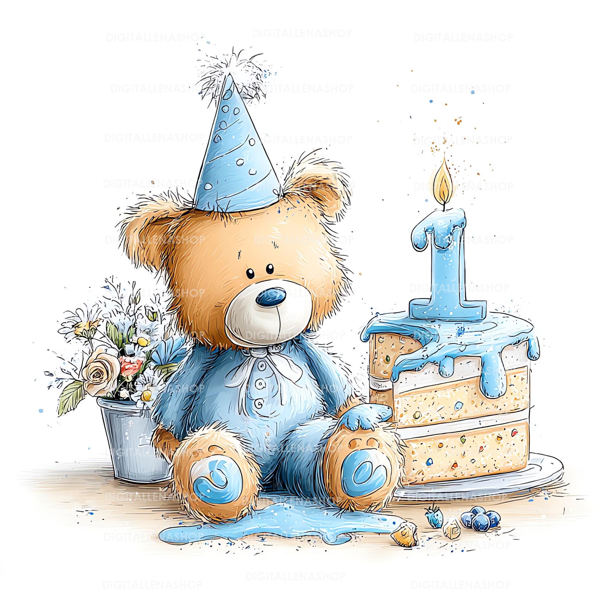 Set Blue Teddy Bear Watercolor Clipart for Boy’s First Birthday, Baby ...