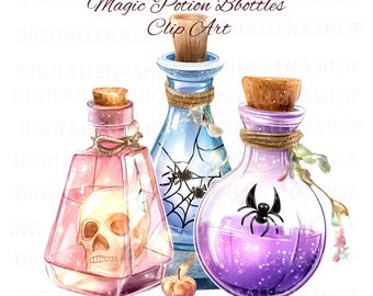 Watercolor Halloween Potion Bottle Clipart: Spooky Witchcraft Elixirs (18 PNG) (Digital Download