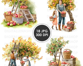 Clipart de acuarela de huerto de manzanas / Ilustraciones de la cosecha de otoño (Descarga digital)