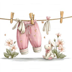 May include: A watercolor illustration of baby clothes hanging on a clothesline. Pink pants with a bow and floral details are clipped to the line. A white stuffed bunny with a pink bow sits near pink flowers.