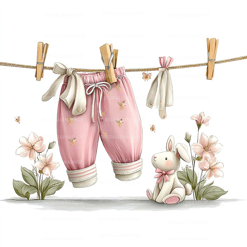 May include: A watercolor illustration of baby clothes hanging on a clothesline. Pink pants with a bow and floral details are clipped to the line. A white stuffed bunny with a pink bow sits near pink flowers.