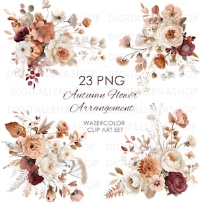 Autumn Flower Arrangement Watercolor ClipArt, 23 PNG Files | Fall Floral Bouquet & Botanical Illustration Set, Digital Download, Card Making